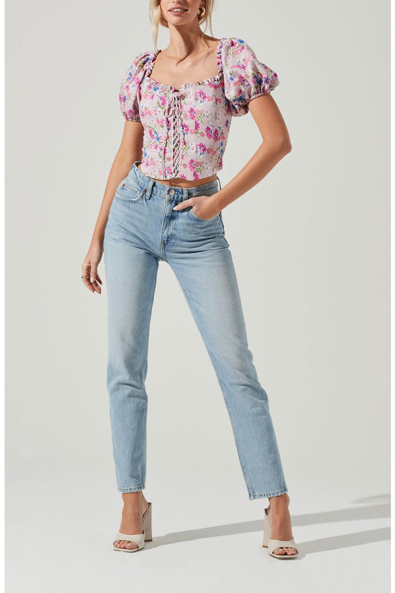 Lace-Up Floral Puff Sleeve Crop Top, Alternate, color, PURPLE MULTI FLORAL
