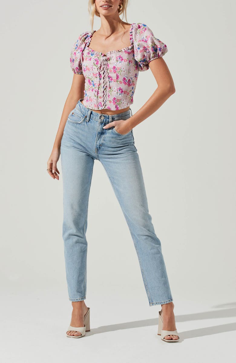 ASTR the Label Lace-Up Floral Puff Sleeve Crop Top, Alternate, color, 