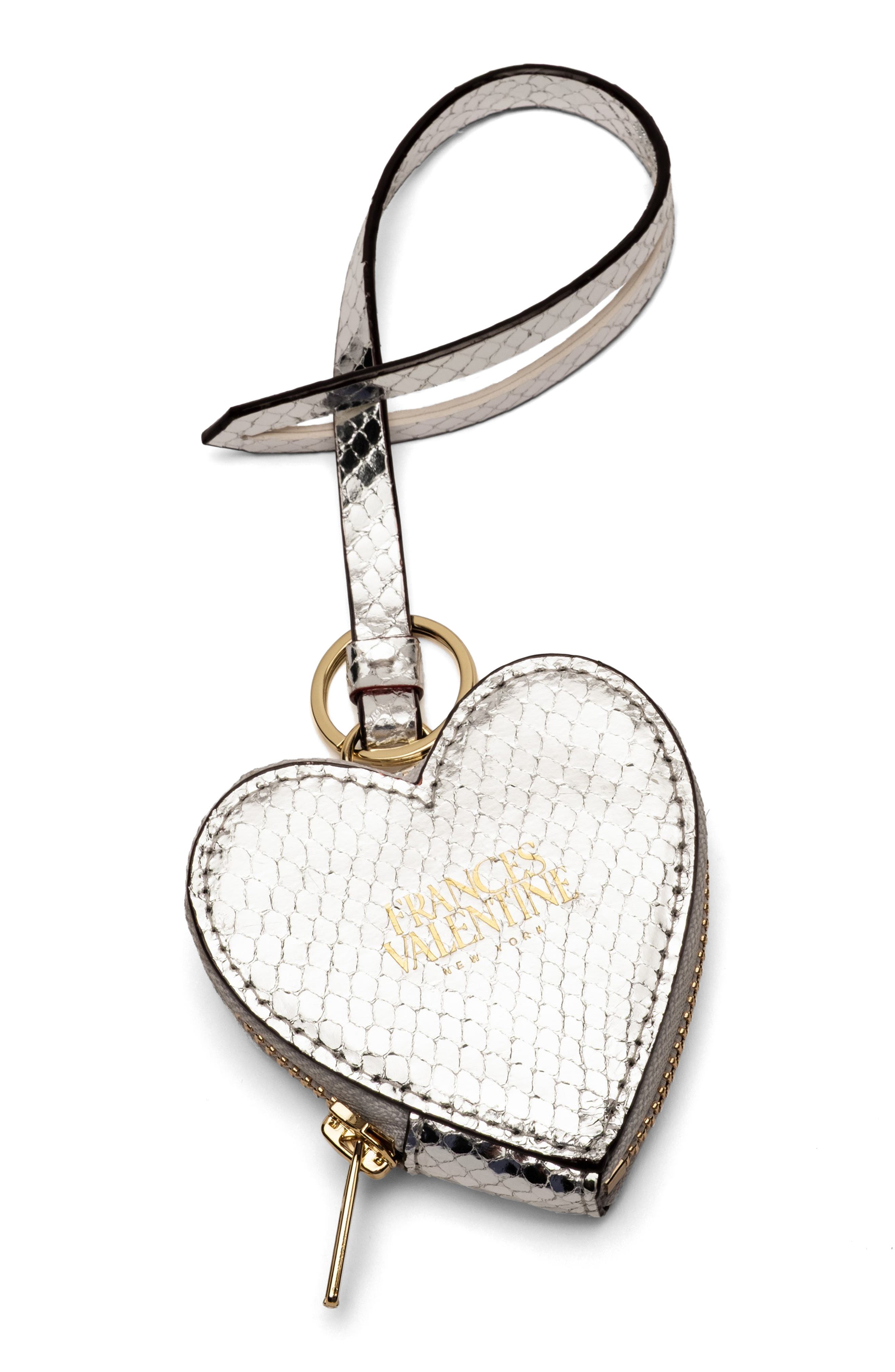 Frances Valentine Heart Snakeskin Embossed Metallic Leather Key Chain Wristlet, Main, color, Silver