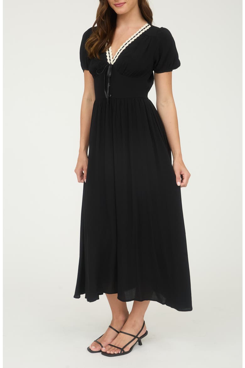 Puff Sleeve A-Line Midi Dress, Alternate, color, BLACK