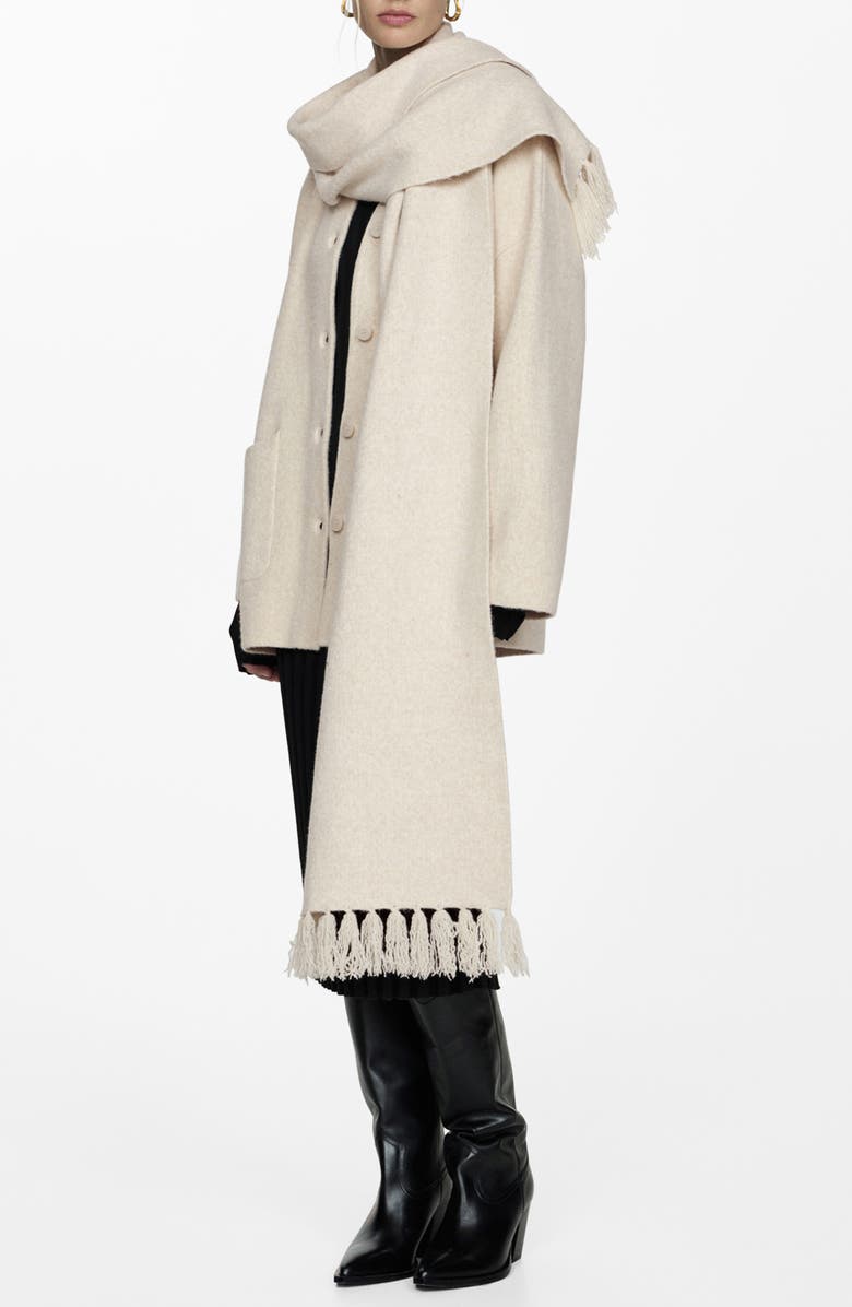 MANGO Felt Coat with Removable Scarf Detail, Main, color, Ecru