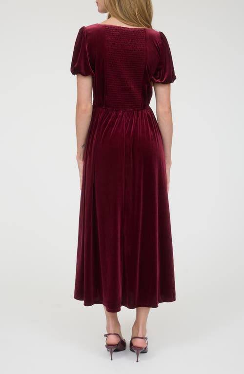 August Sky Puff Sleeve Velvet Fit & Flare Midi Dress In Burgundy