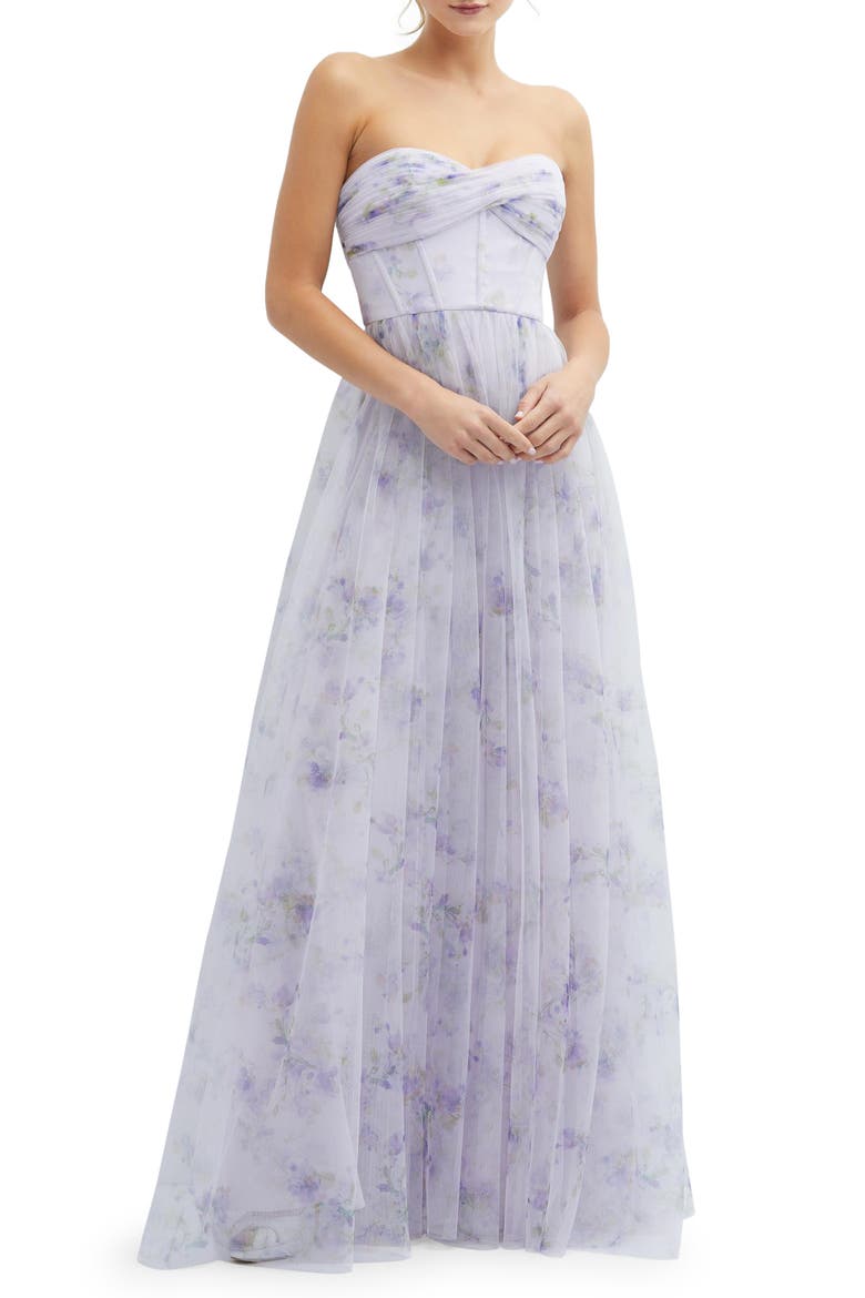 Floral Print Strapless Tulle, Main, color, LILAC HAZE GARDEN