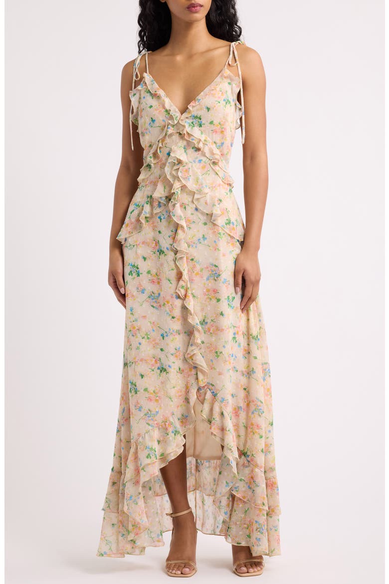 Jamie Ruffle High-Low Maxi Dress, Main, color, BEIGE FLORAL