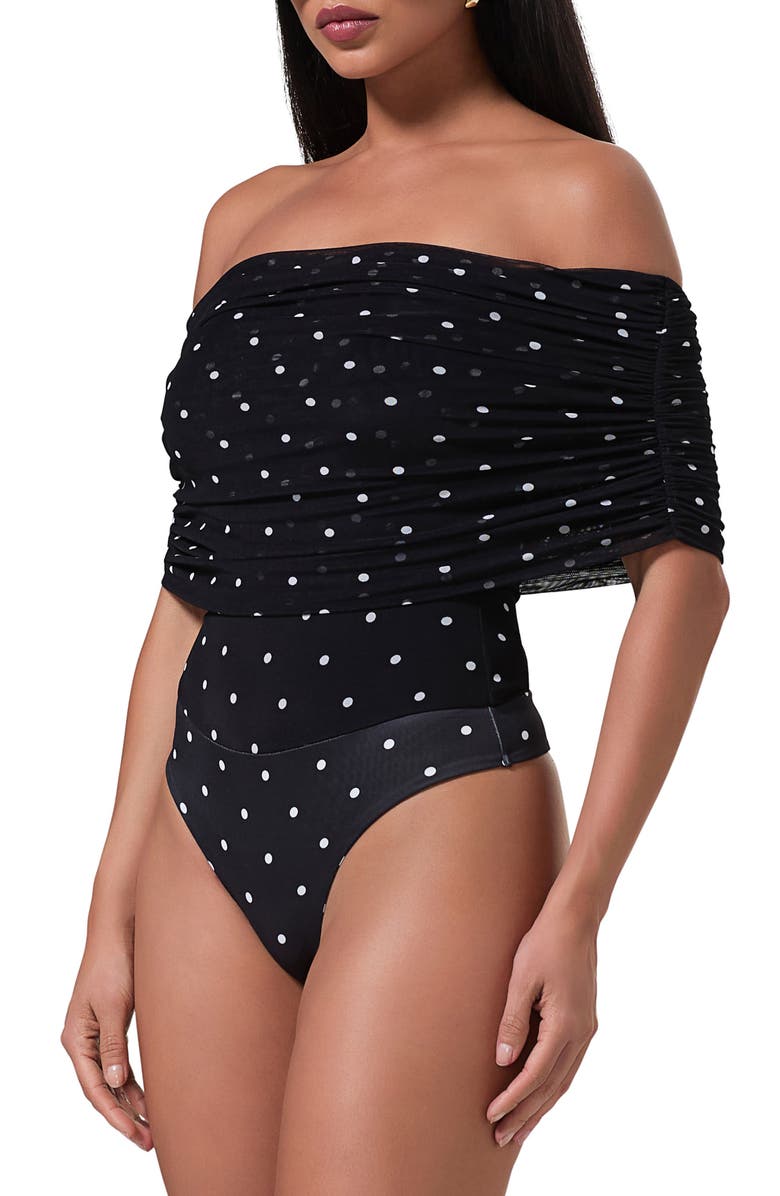 AFRM Divya Off the Shoulder Bodysuit, Alternate, color, Noir Micro Dot