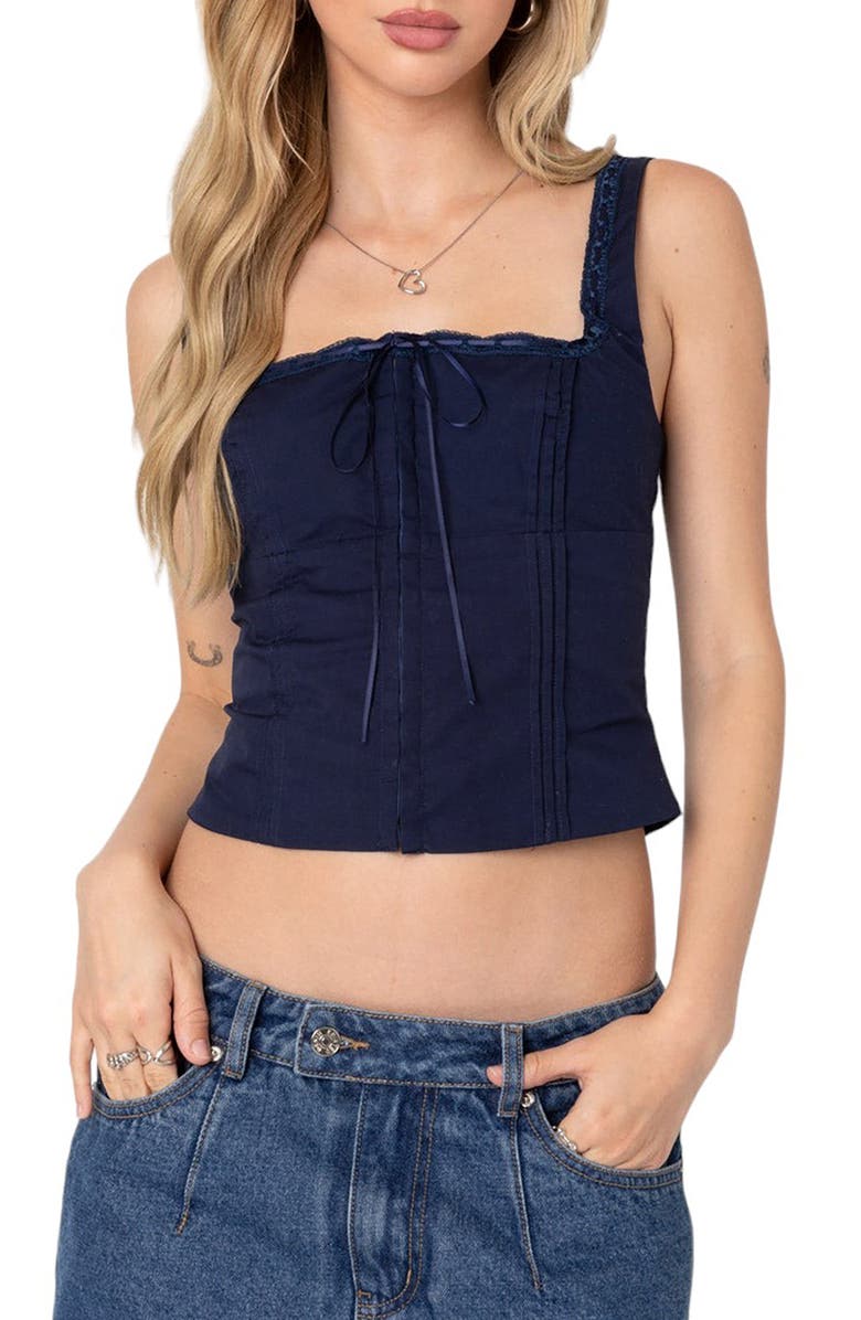 EDIKTED Cotton Stretch Poplin Corset Top, Main, color, Navy