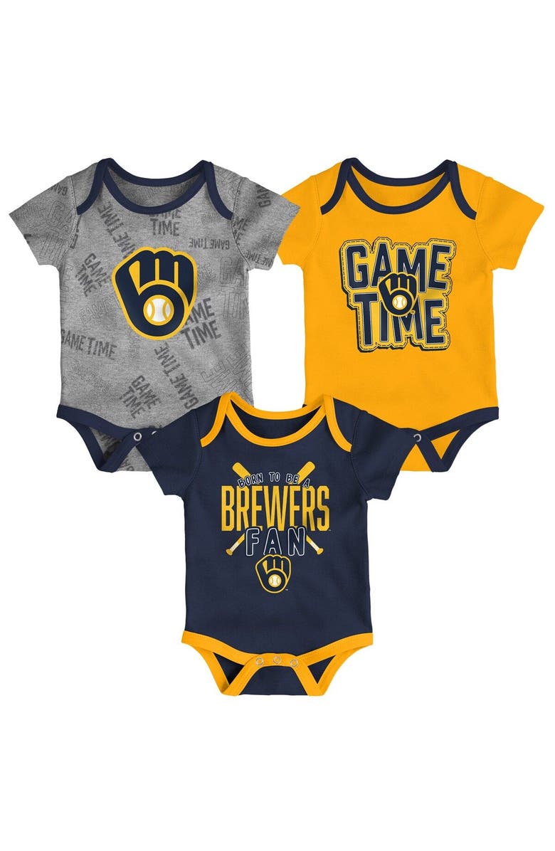 Outerstuff Newborn & Infant Milwaukee Brewers Navy/Gold/Heathered Gray Game Time Three-Piece Bodysuit Set, Main, color, Navy