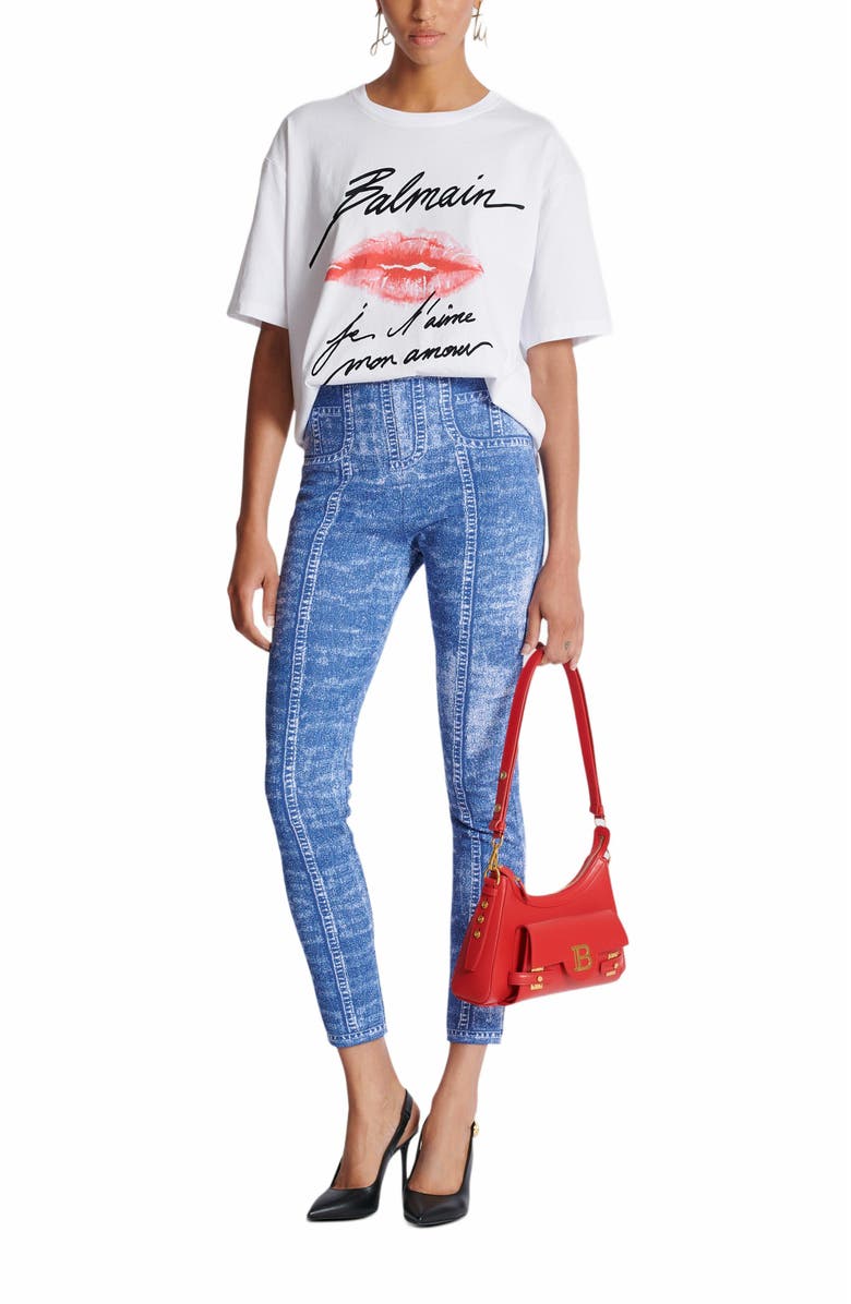 Balmain Jacquard Knit Leggings With Denim Effect, Alternate, color, Blue