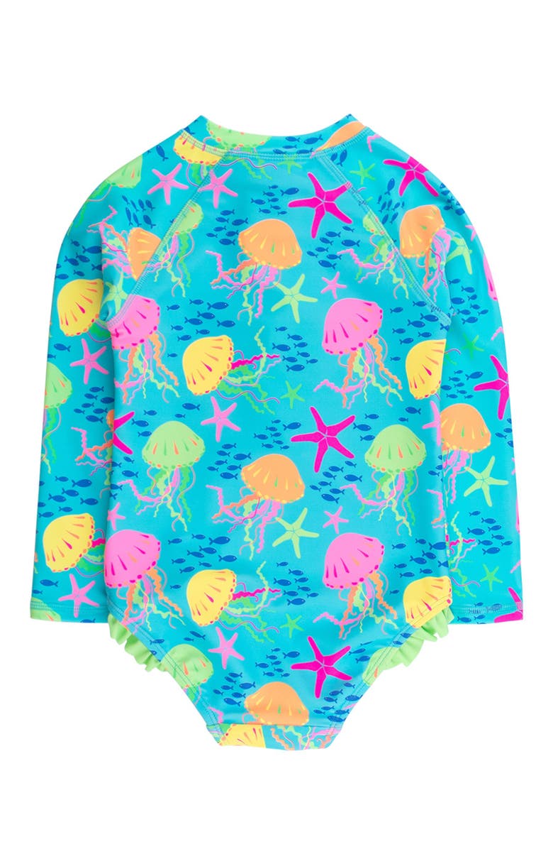 RuffleButts Girls UPF50+ Sun Protection Long Sleeve Rash Guard One Piece, Alternate, color, Neon Jelly Time