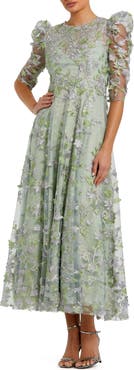 Mac Duggal Applique High Neck 3/4 Puff Sleeve A Line Dress