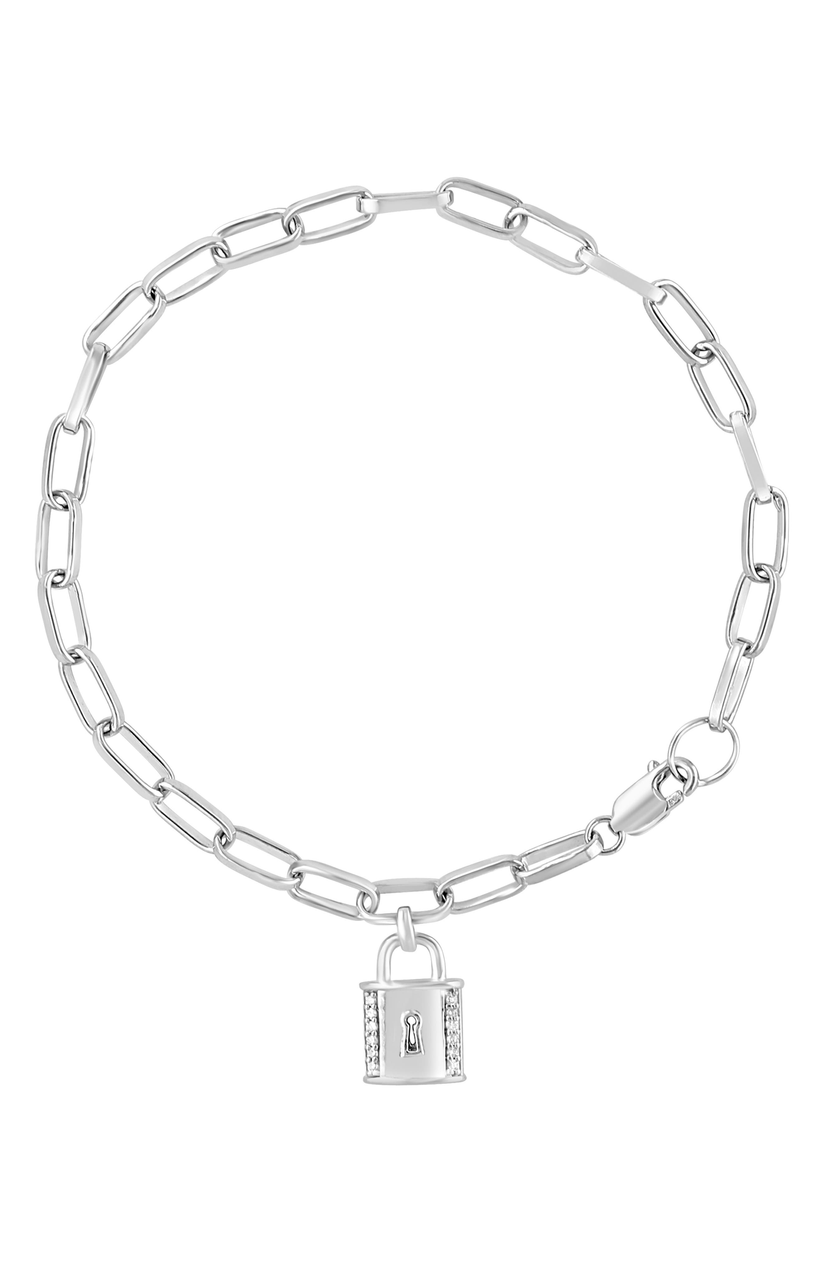 Sterling Silver Diamond Padlock Paperclip Chain Bracelet