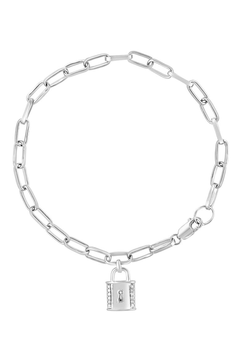 Sterling Silver Diamond Padlock Paperclip Chain Bracelet, Main, color, SILVER