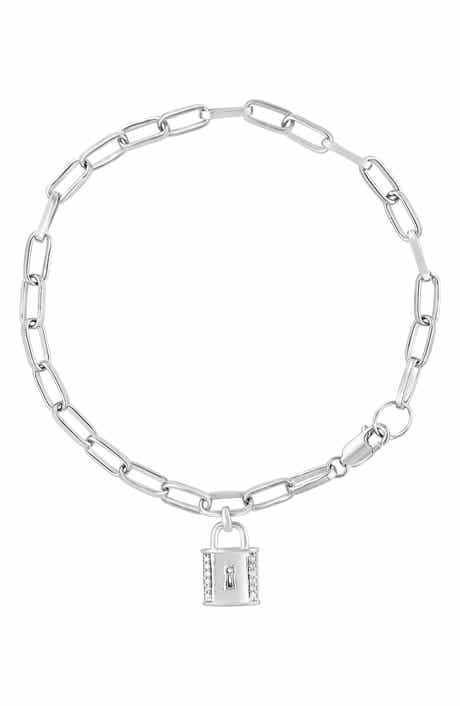 Sterling Silver Diamond Padlock Paperclip Chain Bracelet