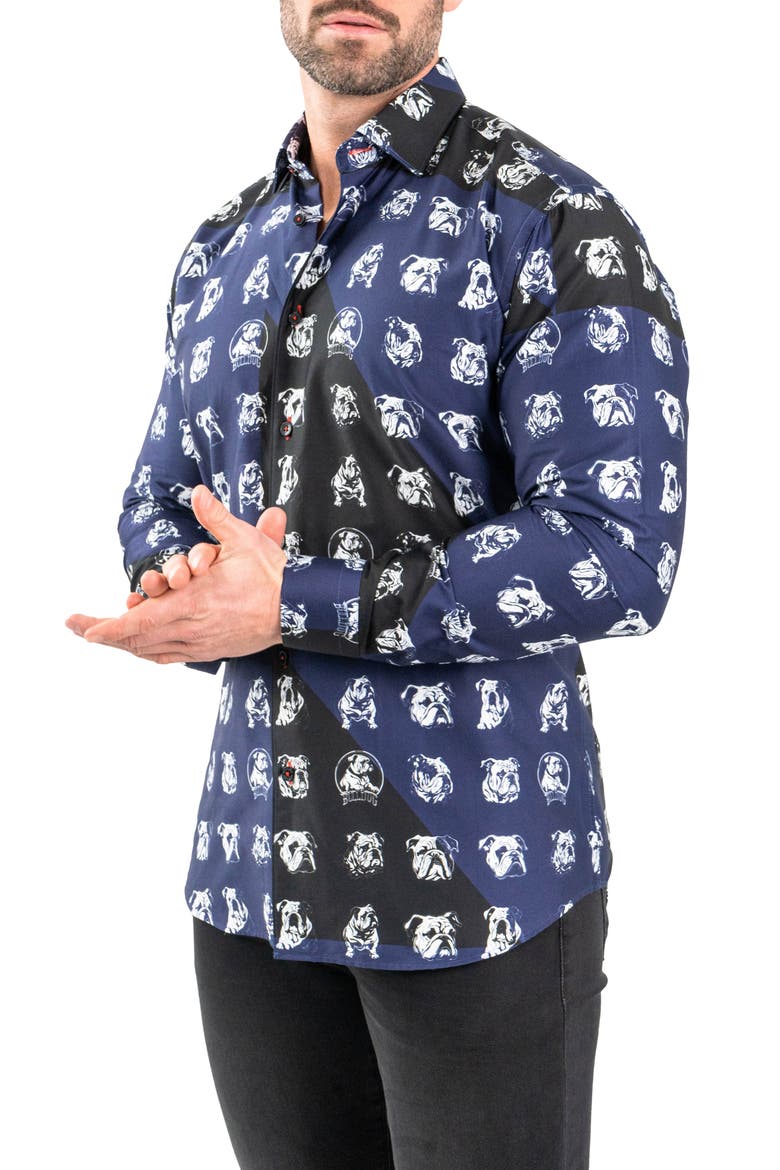 Fibonacci Bulldog Print Contemporary Fit Button-Up Shirt, Alternate, color, BLUE