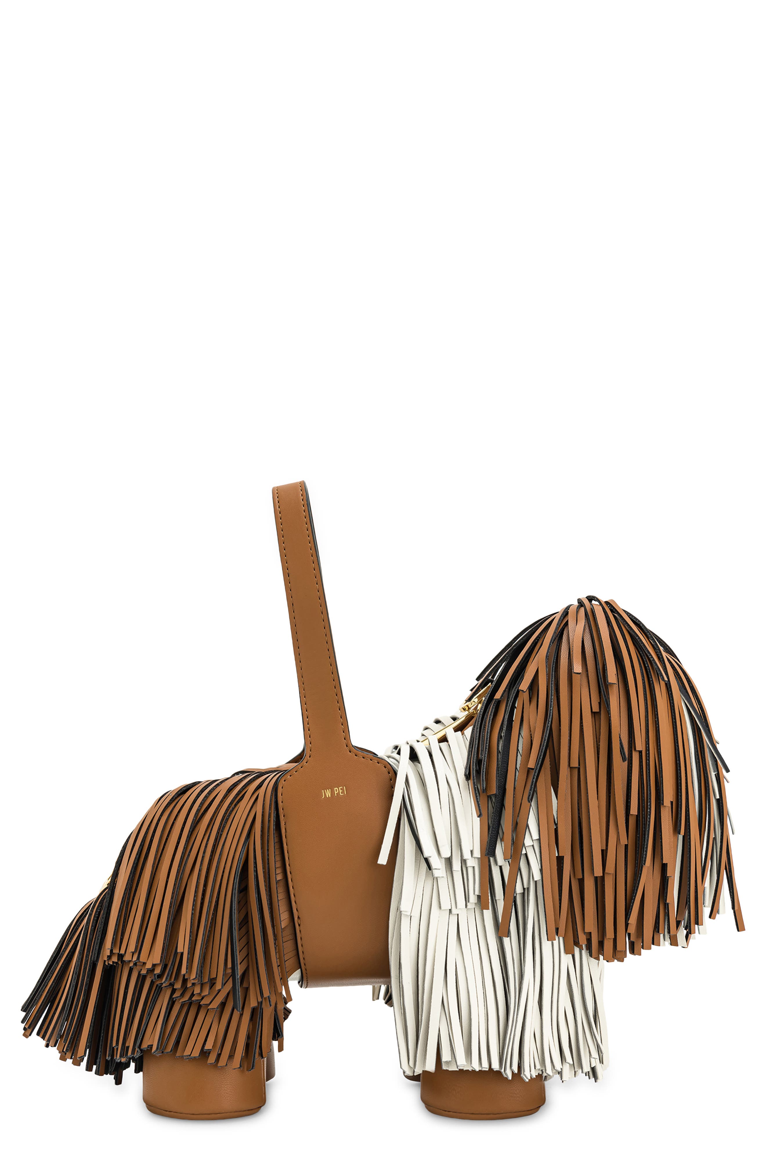 JW PEI Nita Puppy Shape Fringed Faux Leather Handbag, Main, color, Brown