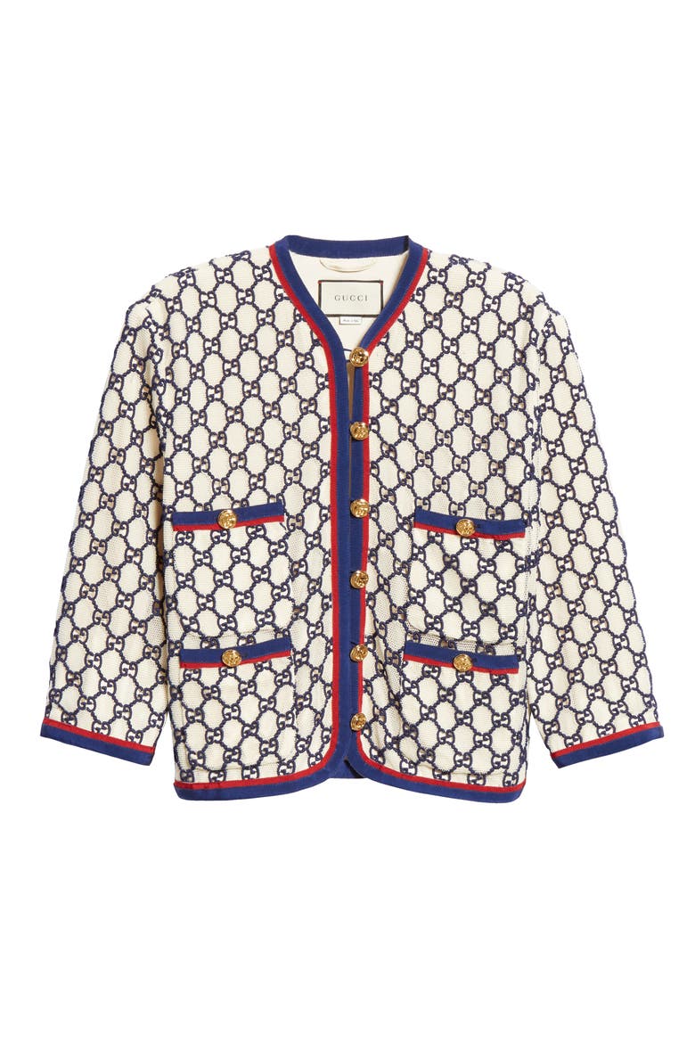 GG Macramé Crop Jacket, Alternate, color, WHITE MAGNOLIA/ BLUE