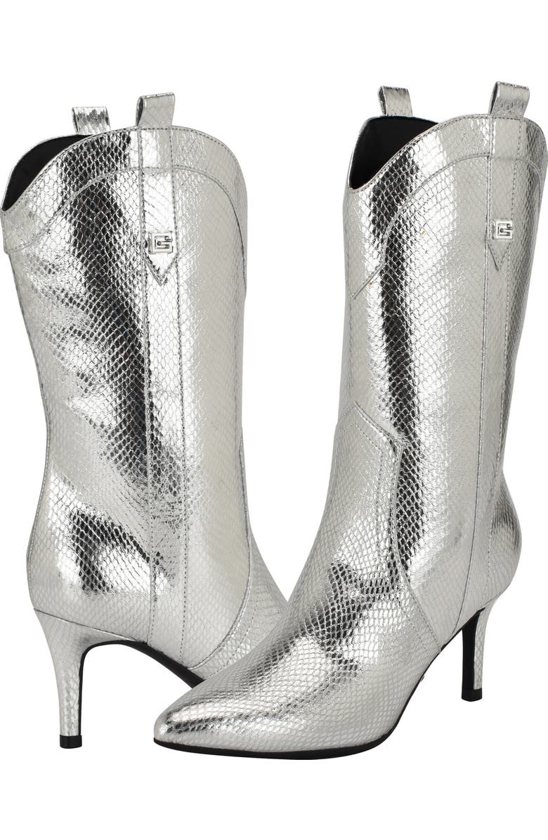 GUESS Wurlie Snakeskin Embossed Western Boot, Alternate, color, Silver