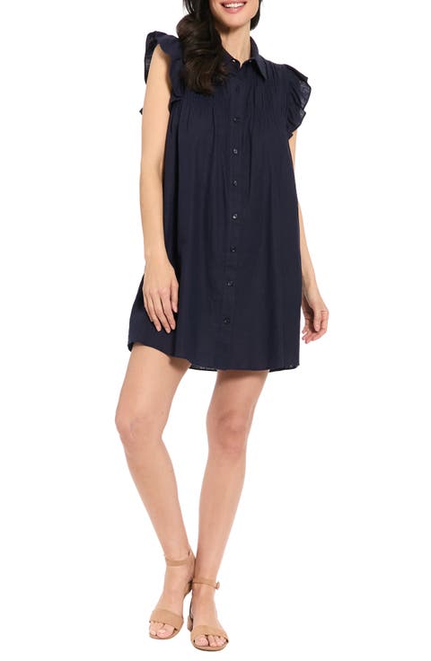Smocked Ruffle Cap Sleeve Linen Blend Shirtdress