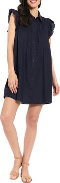 London Times Smocked Ruffle Cap Sleeve Linen Blend Shirtdress