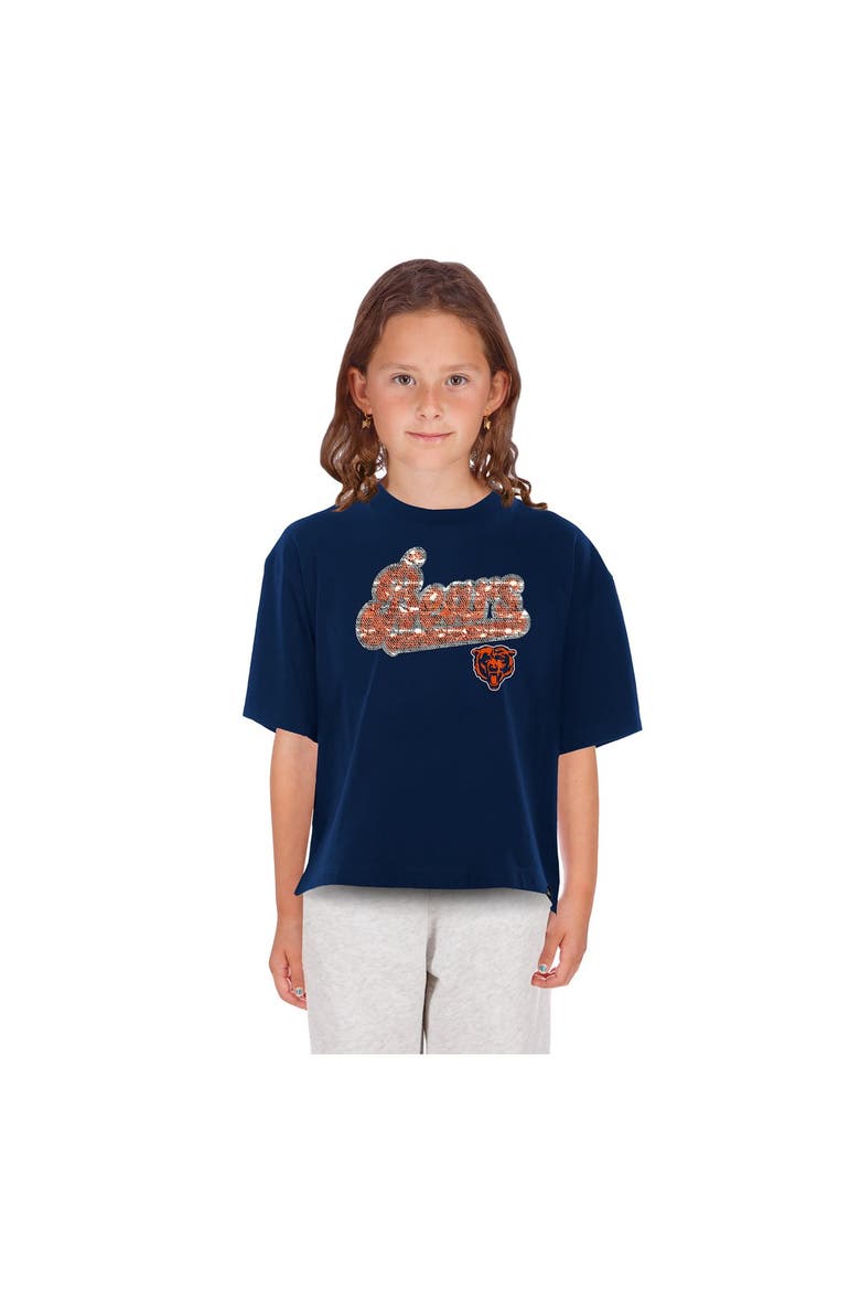 Girls Youth New Era  Navy Chicago Bears Flip Sequin Boxy T-Shirt, Main, color, Navy