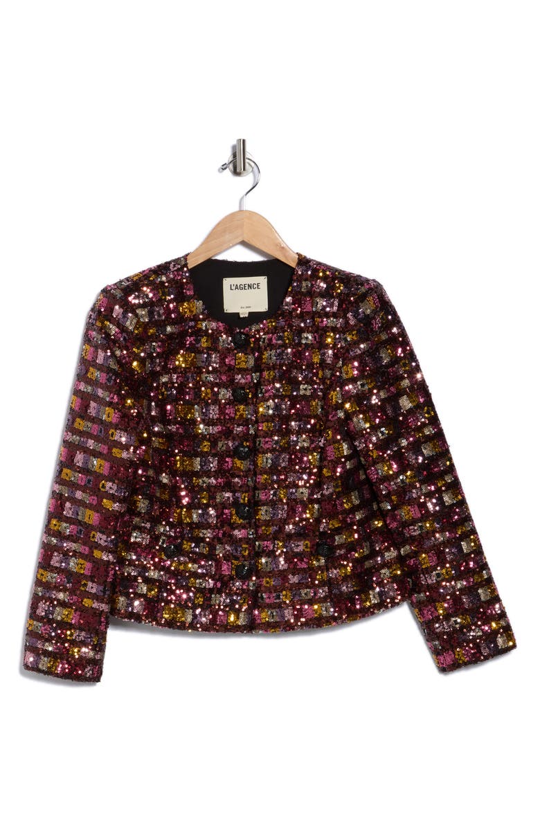 L'AGENCE Caprina Three-Quarter Sleeve Jacket, Alternate, color, Wisteria/Desert Cly Sequin Stp