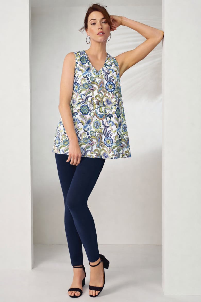 Stretch Cotton V-Neck Trapeze Tank, Alternate, color, WHITE MULTI PAISLEY