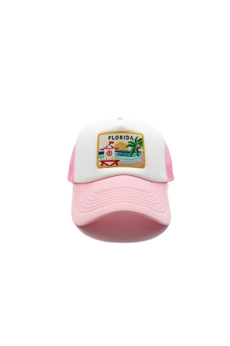 Florida Postcard Trucker Hat - Kids, Main, color, Pink & White
