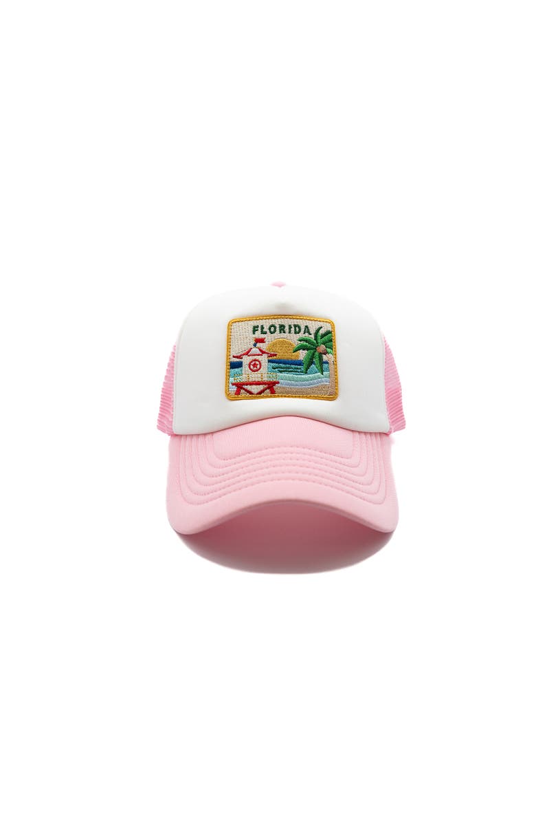 Rey To Z Florida Postcard Trucker Hat - Kids, Main, color, Pink & White