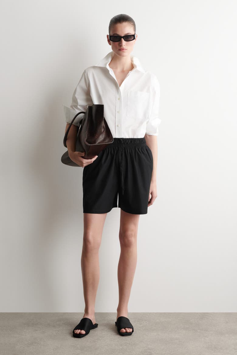 Ruched-waist Shorts, Main, color, BLACK