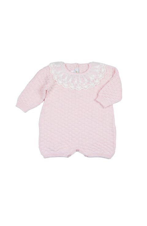 Baby Girl Basketweave Knit Romper with Lace Collar Pink