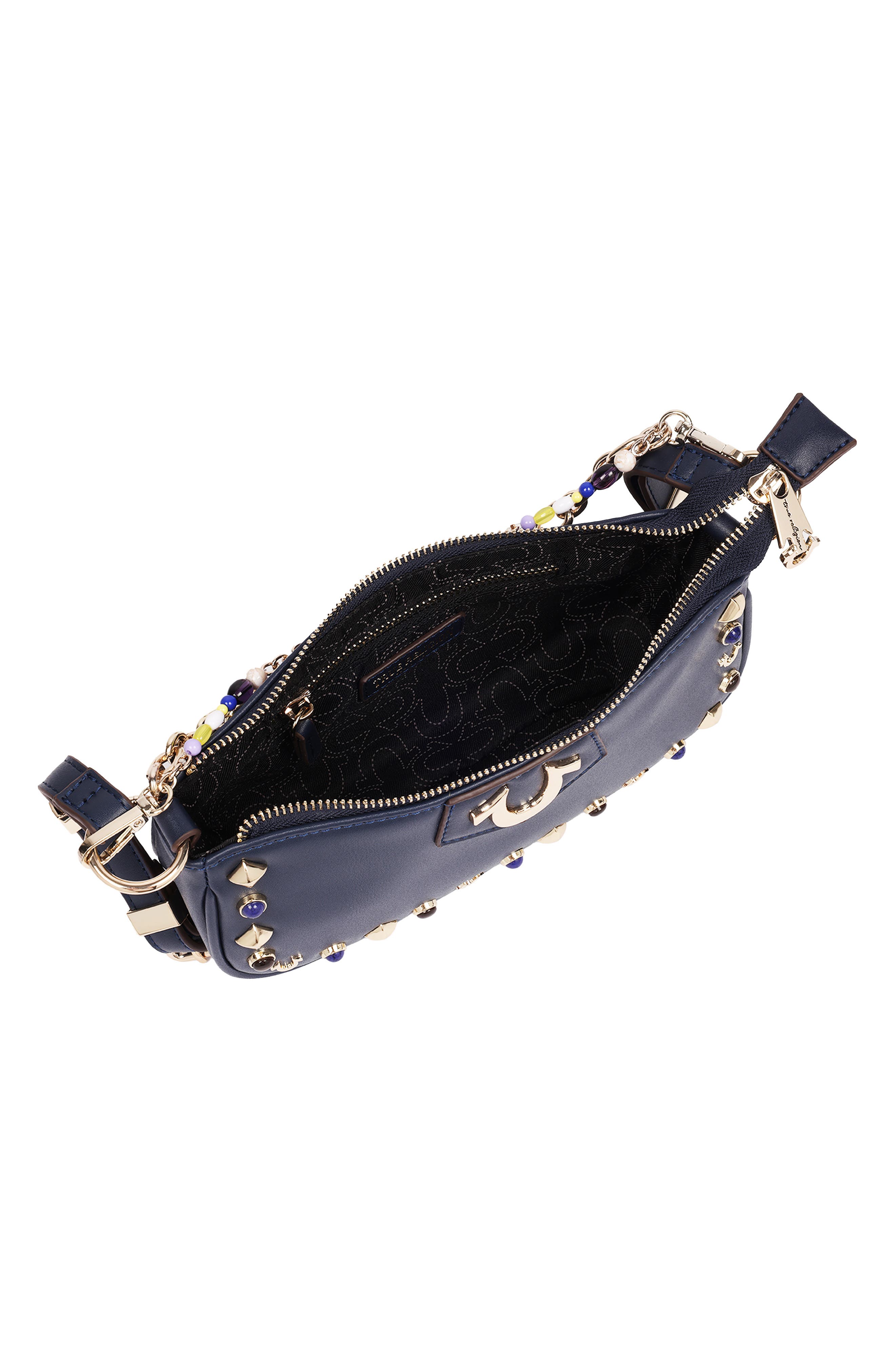 Studded Chain Faux Leather Shoulder Bag, Alternate, color, NAVY