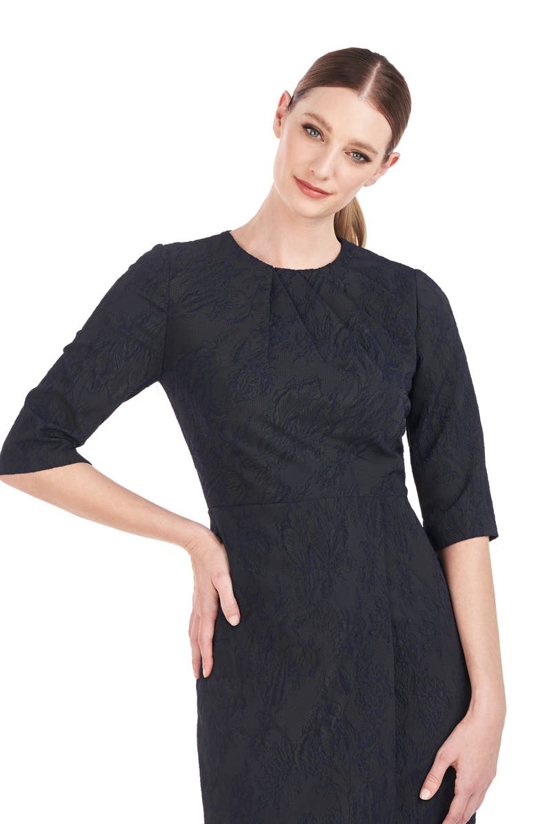 Kay Unger Gloria Asymmetric Floral Jacquard Drape Detail Cocktail Midi Dress, Alternate, color,