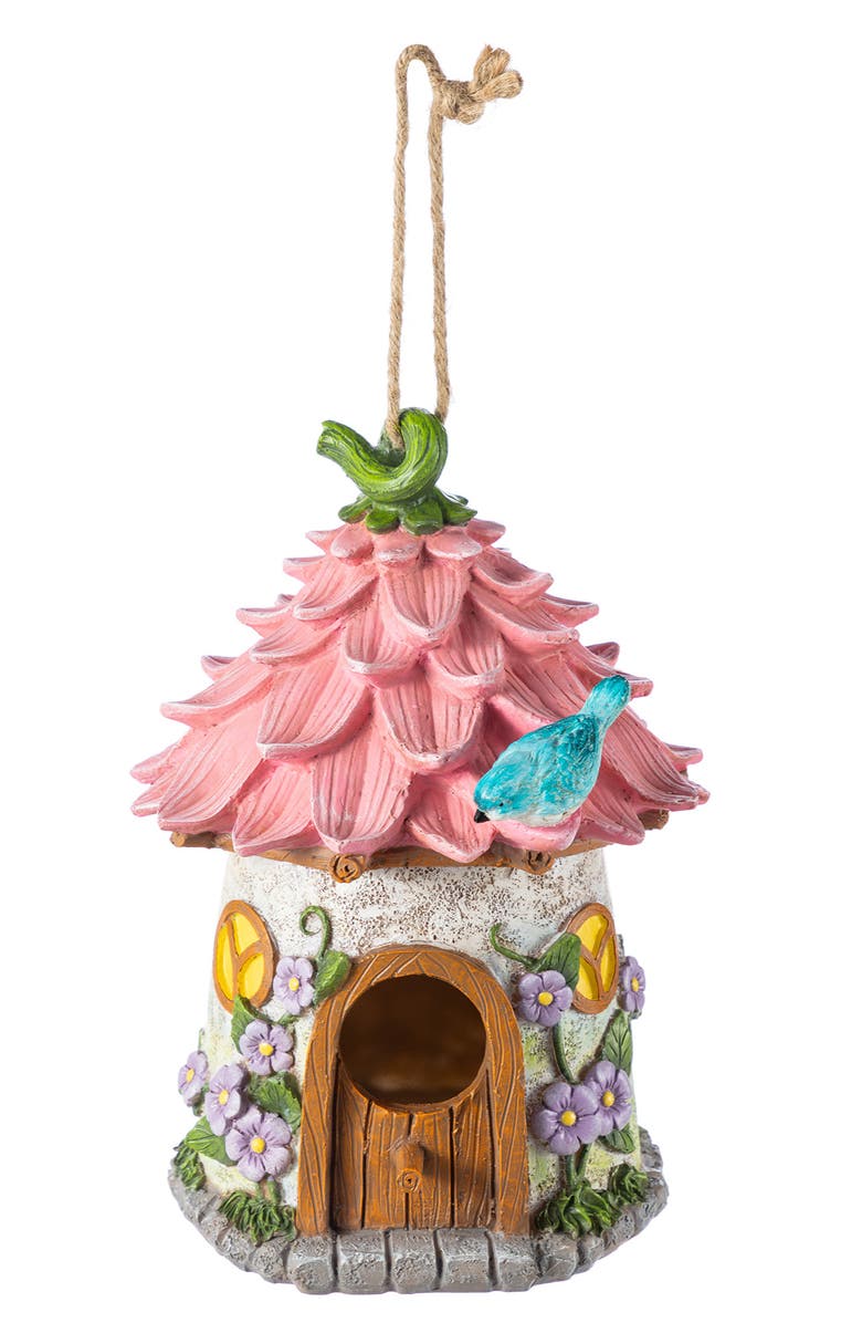 Glitzhome 9"H Resin Colorful Roof Outdoor Garden Birdhouse, Alternate, color, Pink