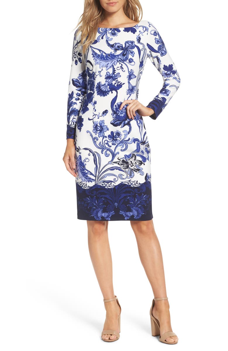 Eliza J Print Long Sleeve Sheath Dress, Main, color, 