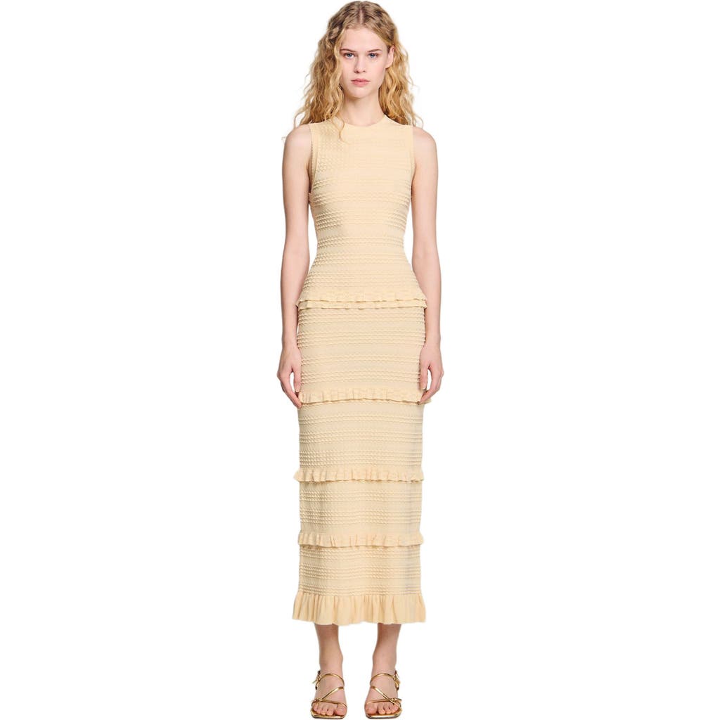 Sandro Womens Round-neck Frill-embroidered Knitted Maxi Dress Naturels In Ecru