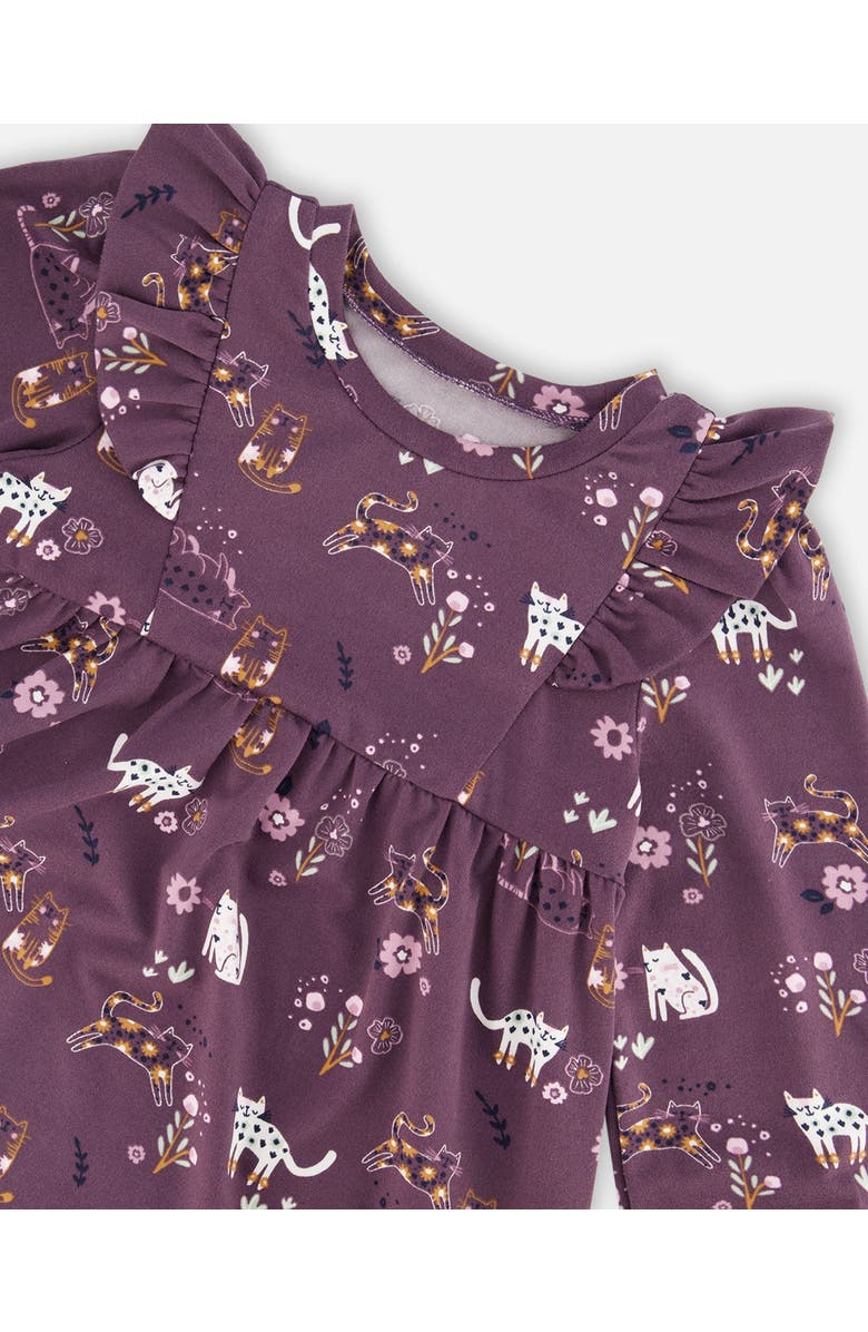 Deux par Deux Girl's Dress With Frills Mauve Printed Cats, Alternate, color,