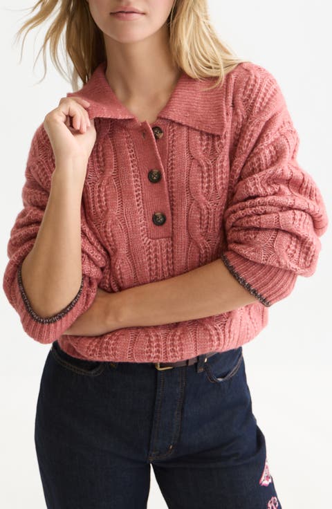 Boxy Cable Knit Polo Sweater