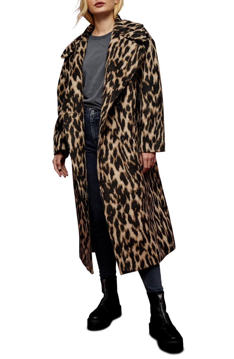 Topshop Leopard Print Maxi Coat, Main, color,