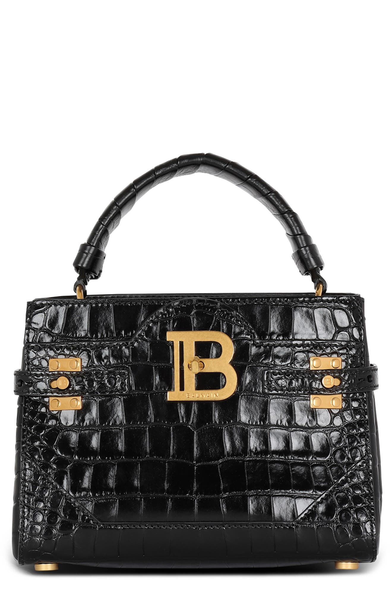 Balmain B-Buzz 23 Croc Embossed Leather Top Handle Bag, Main, color, 
