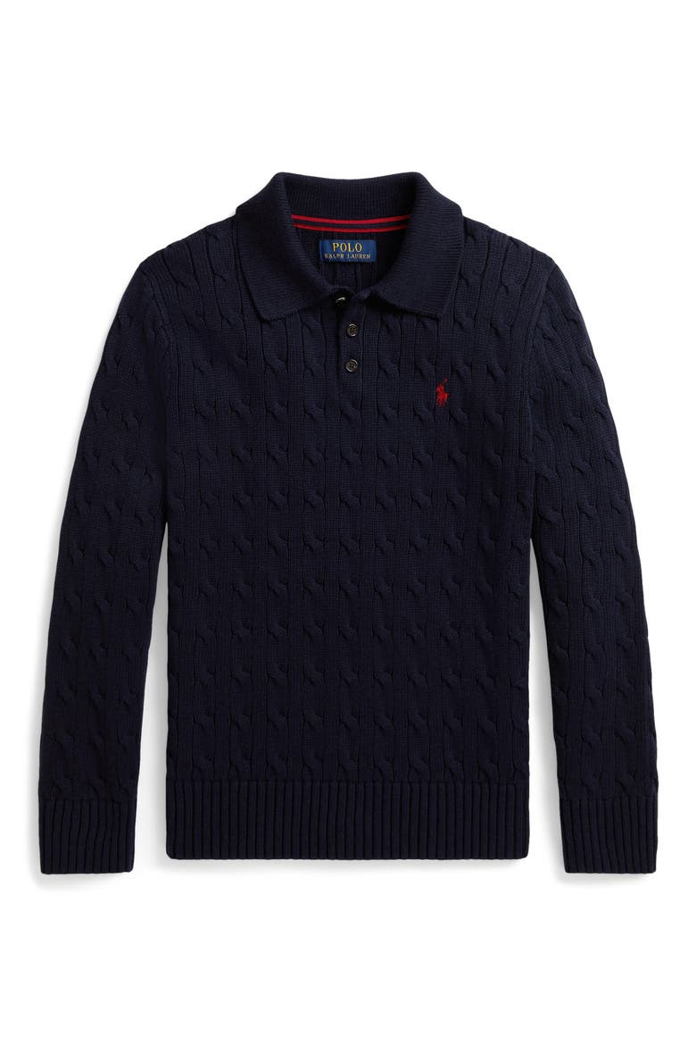 Kids' Cotton Cable Knit Polo Sweater, Main, color, RL NAVY