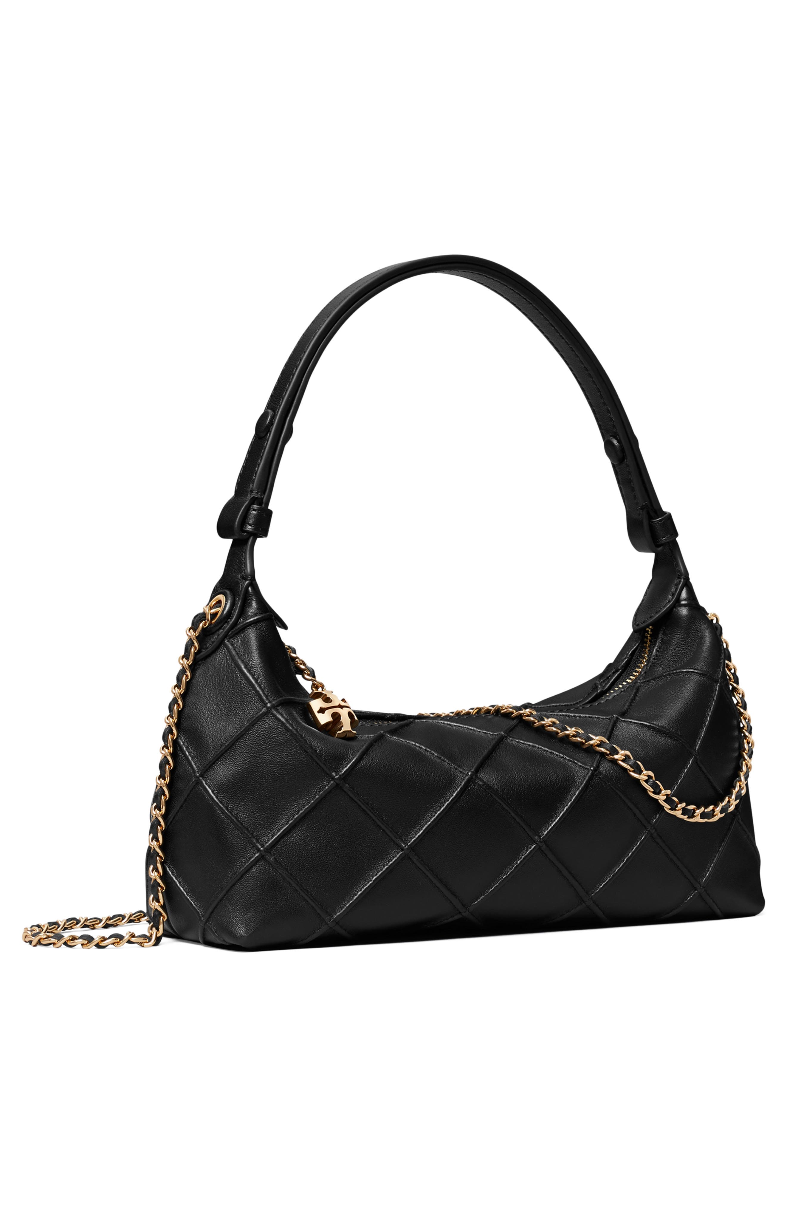 Tory Burch Fleming Pochette Quilted Leather Shoulder Bag, Alternate, color, Black
