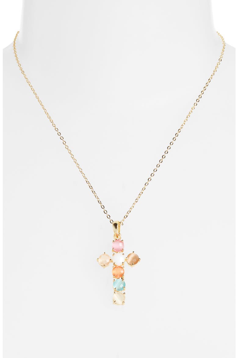 Philomena Rainbow Stone Cross Pendant Necklace, Alternate, color, GOLD