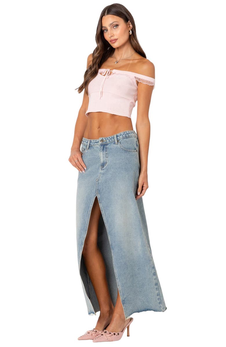 EDIKTED Lace Trim Off the Shoulder Knit Cotton Crop Top, Alternate, color, Light-Pink