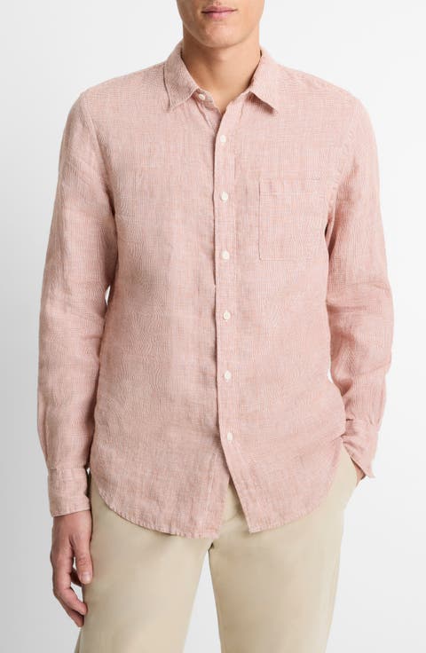 Houndstooth Classic Fit Linen Button-Up Shirt