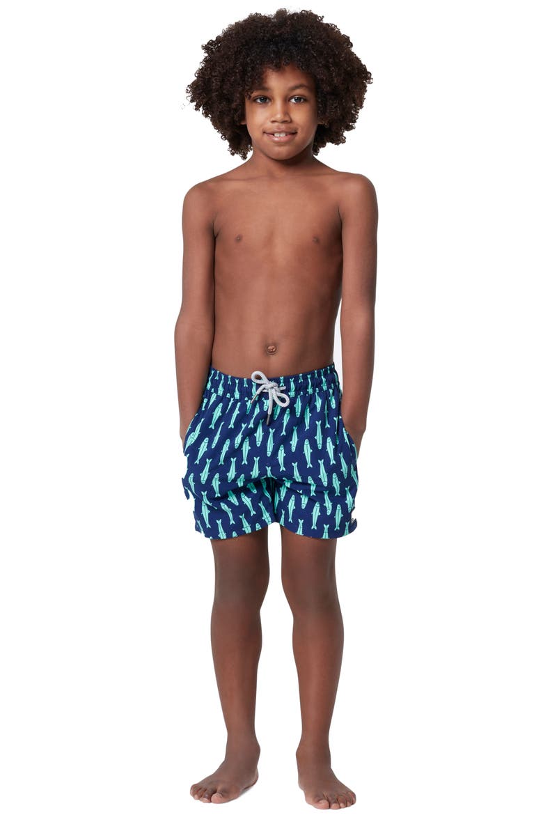 Kids' Fish Print Swim Trunks, Alternate, color, INK BLUE AND GREEN