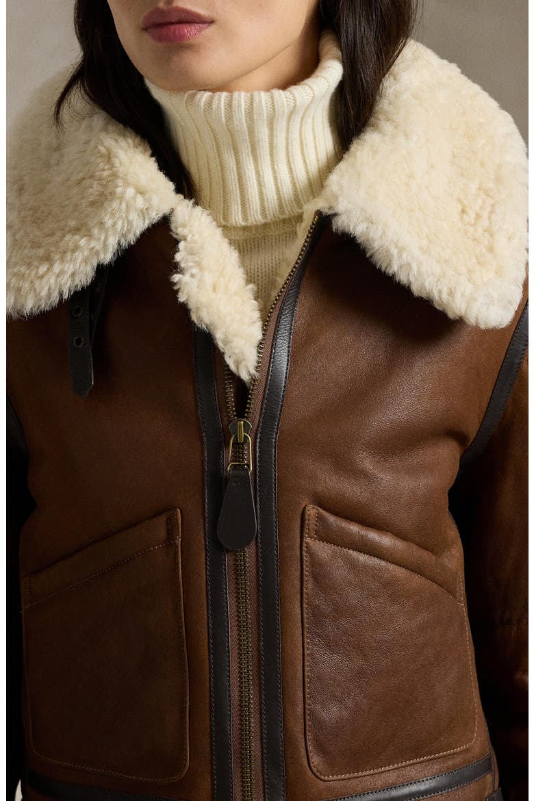 Genuine Shearling Trim Leather Aviator Jacket, Alternate, color, BROWN/ CREAM