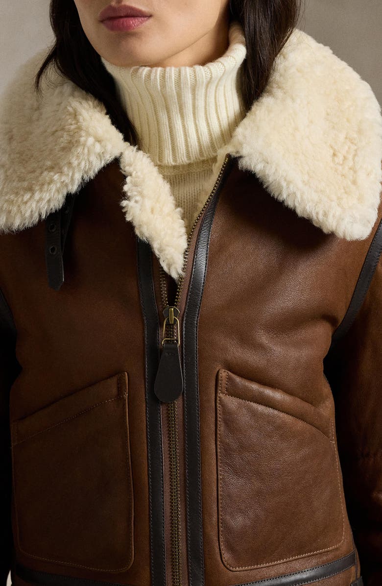 Polo Ralph Lauren Genuine Shearling Trim Leather Aviator Jacket, Alternate, color, Brown/ Cream