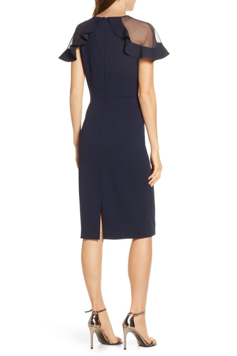 Sheer Ruffle Shoulder Cocktail Dress, Alternate, color, NAVY