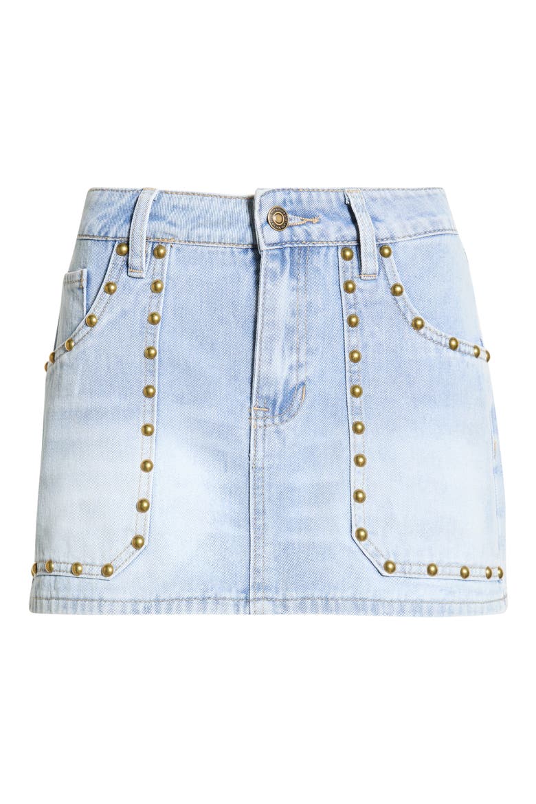 Kara Studded Denim Miniskirt, Alternate, color, LIGHT WASH
