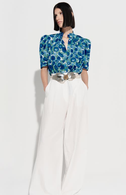 De Loreta Tapir Ruffle Short Sleeve Button-up Cotton Shirt In Blue